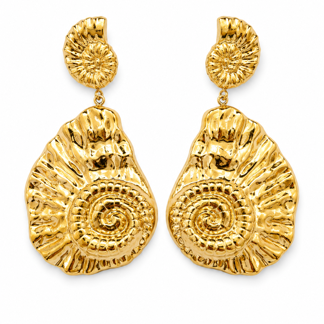 Boucles d'Oreilles Ammonite Coquillage Doré Pendantes - ModeAccess