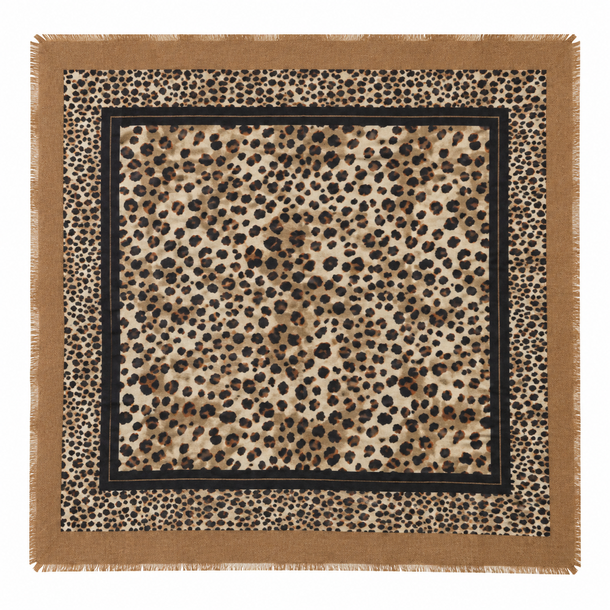 Foulard Carré Imprimé Léopard Frangé Marron Camel Détail - ModeAccess