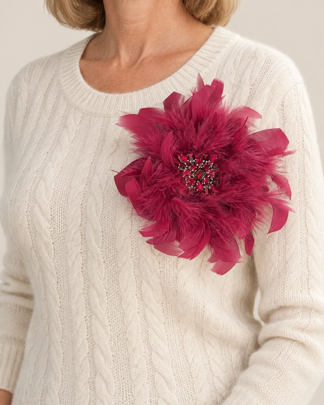 Broche Fleur Plumes Strass, portée