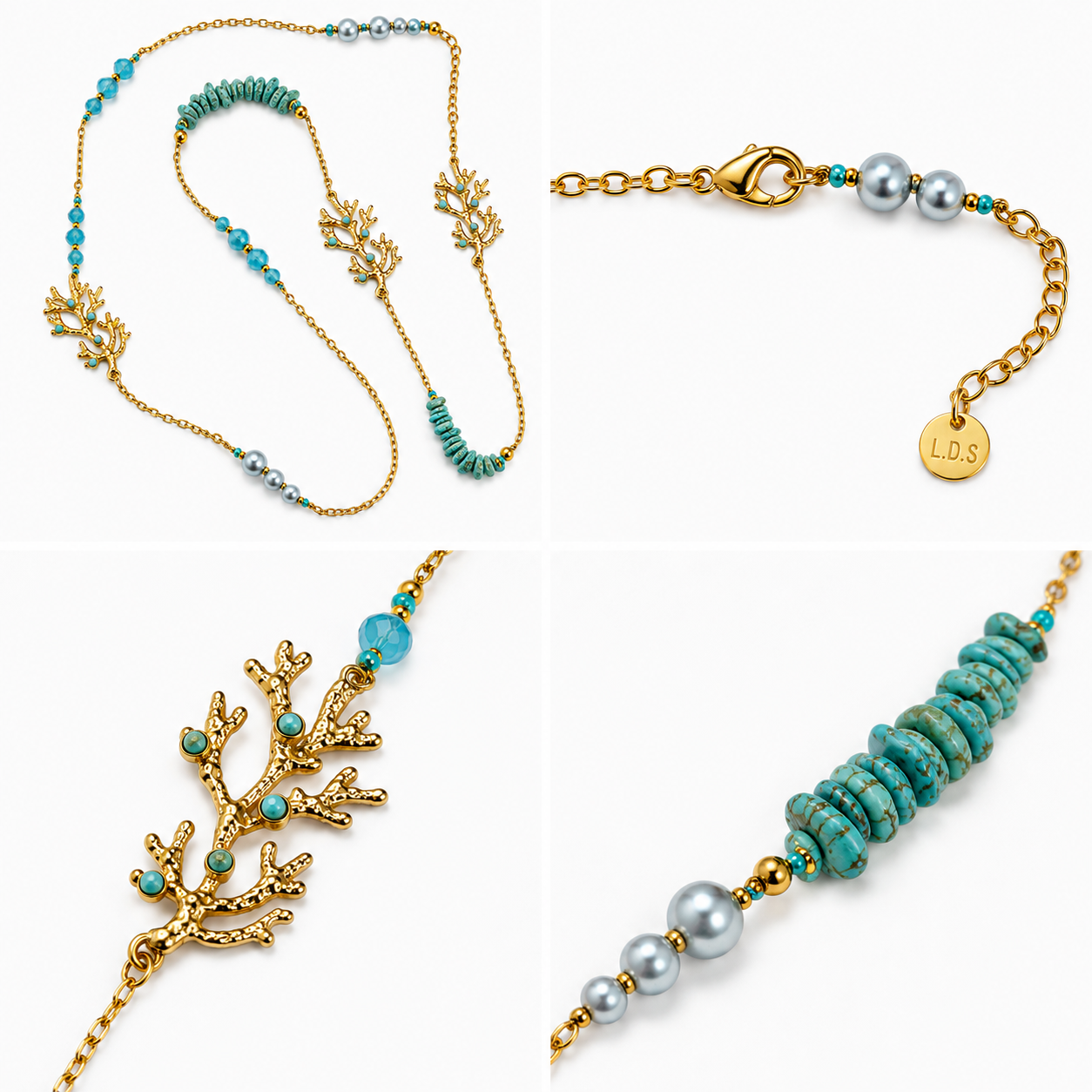 Sautoir Corail Doré Pierres Turquoise - ModeAccess