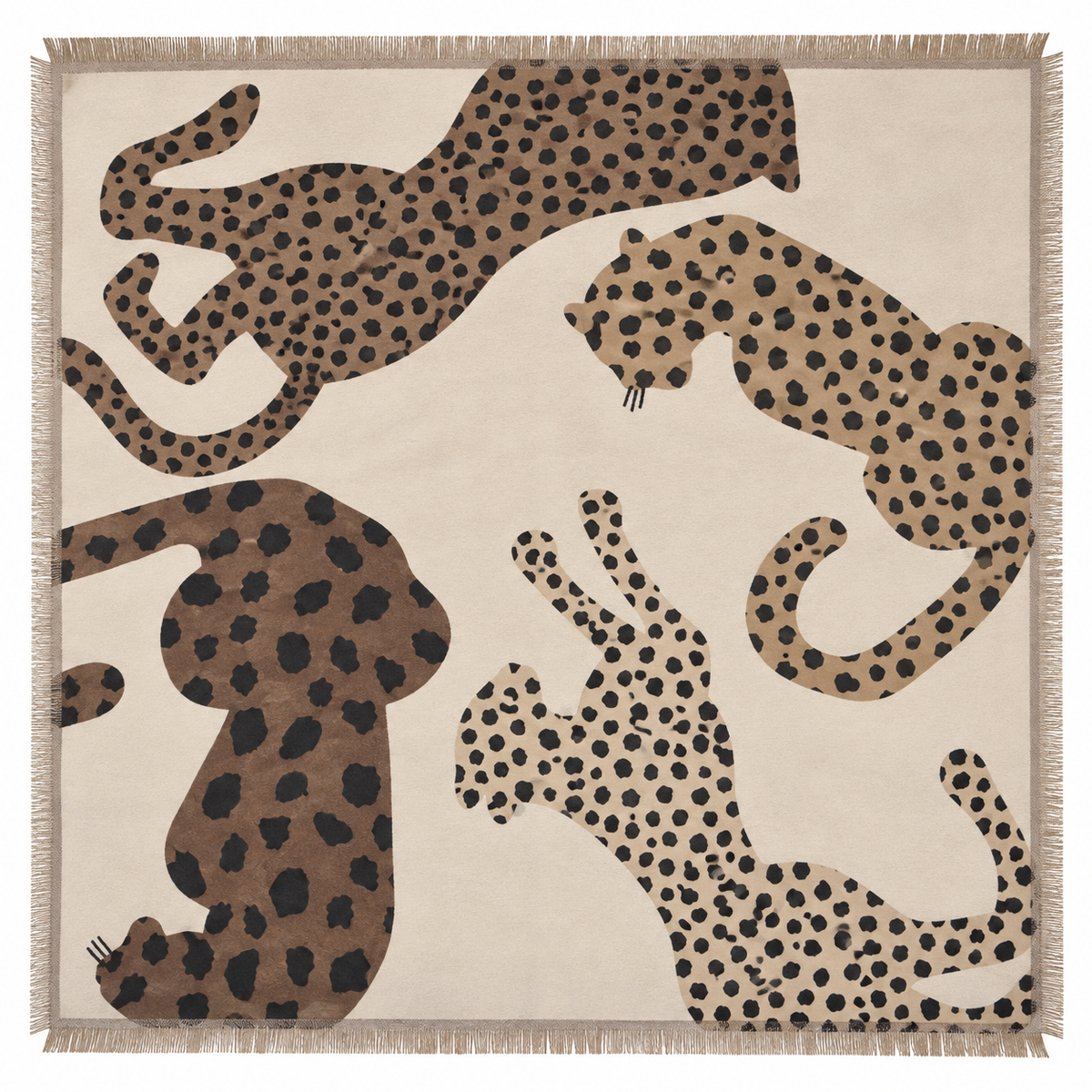 Foulard Carré Imprimé Léopards Silhouette Frangé Écru Marron Porté - ModeAccess
