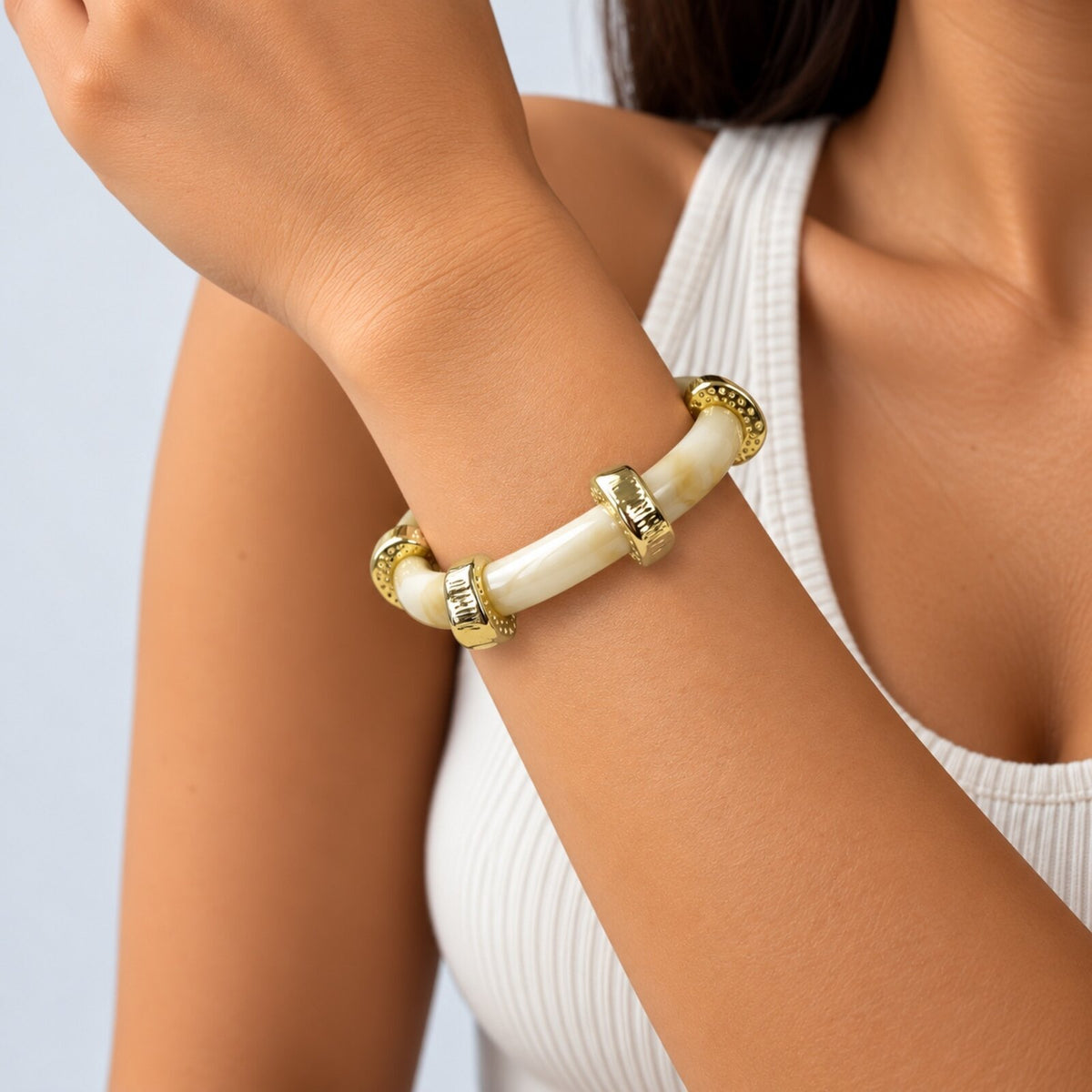 Bracelet Élastique Résine Crème et Doré