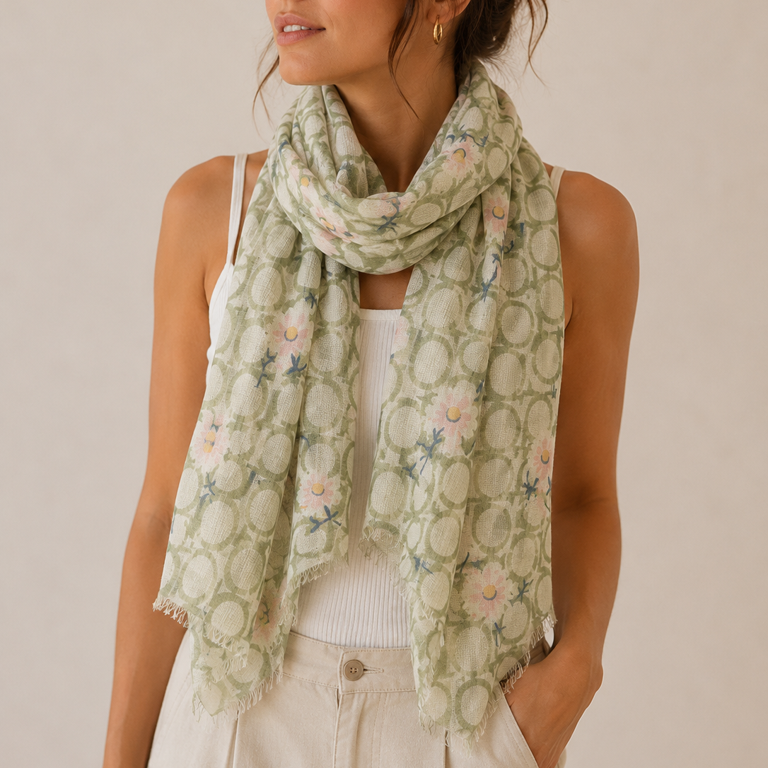 Foulard Floral Marguerites Vert Sauge Porté - ModeAccess