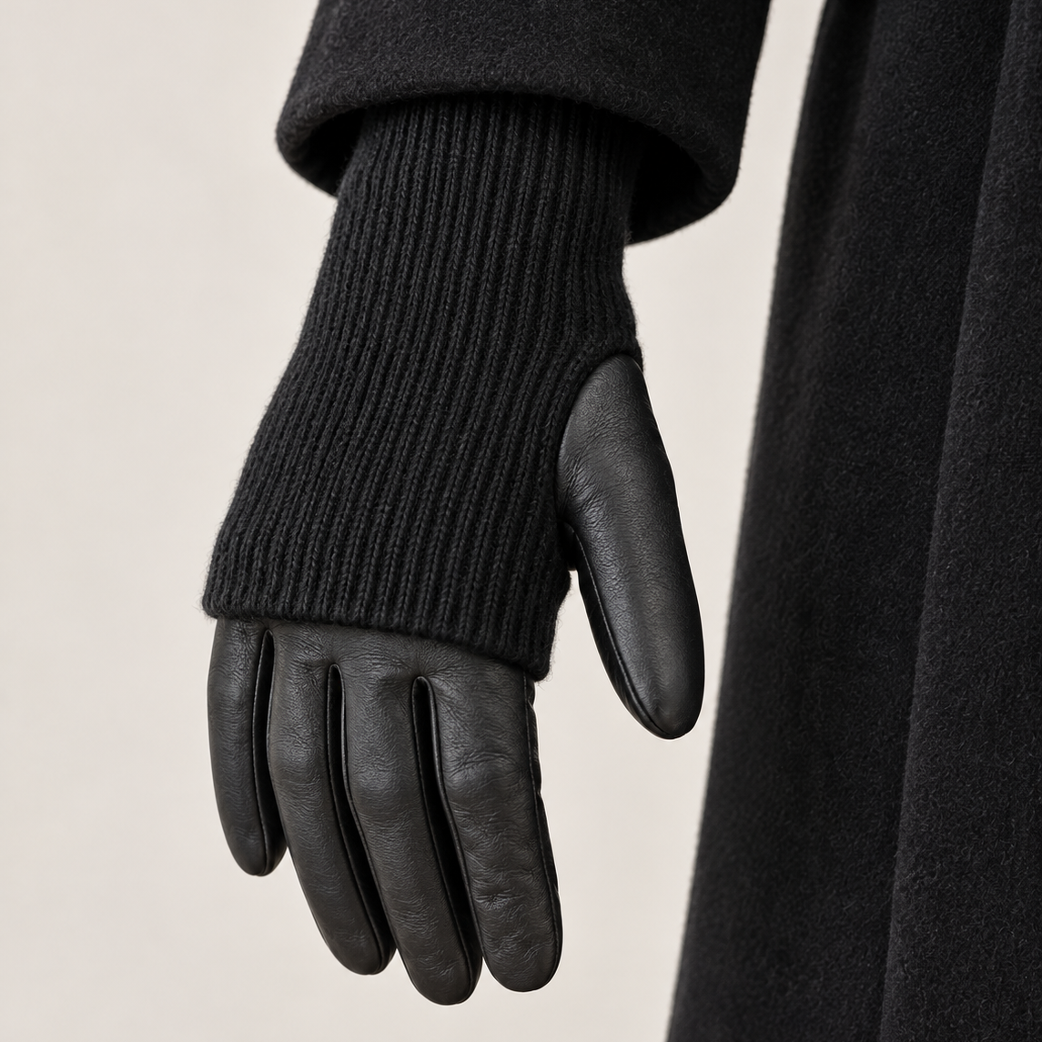 Gants Cuir Manchette Tricotée Noirs Porté - ModeAccess