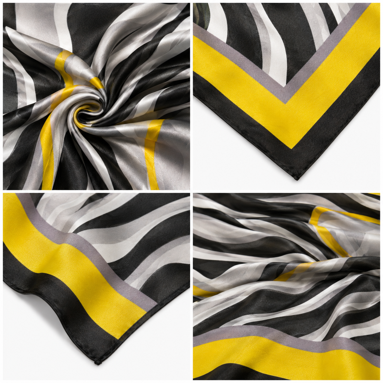 Foulard Carré Satin Rayures Noir Jaune Détail Matière - ModeAccess
