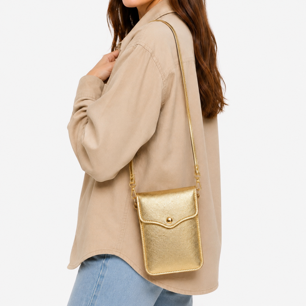 Mini Sac Téléphone Bandoulière Simili Cuir Doré porté - ModeAccess