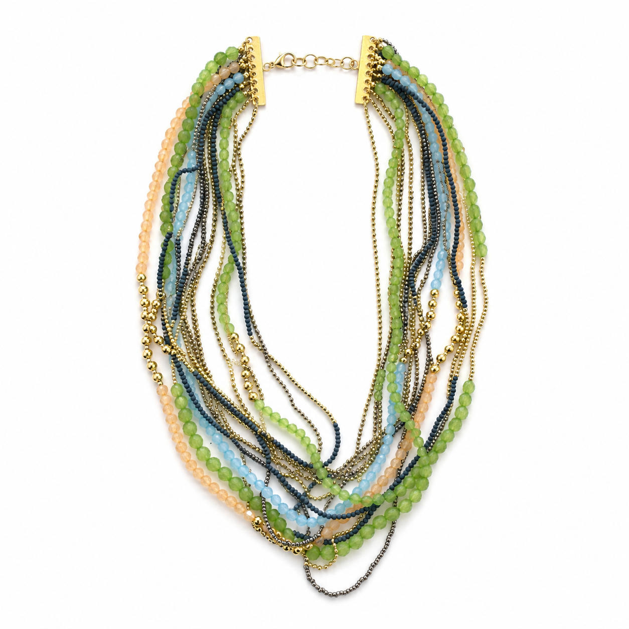 Collier Plastron Multi-Rangs Perles Facettées Vertes Bleues Doré - ModeAccess