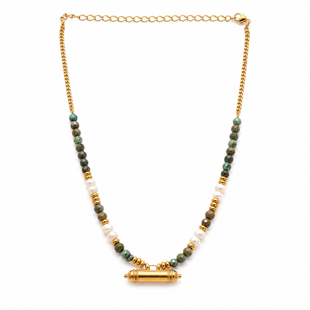 Collier Perles Turquoise Africaine Nacrées Pendentif Cylindrique Doré - ModeAccess