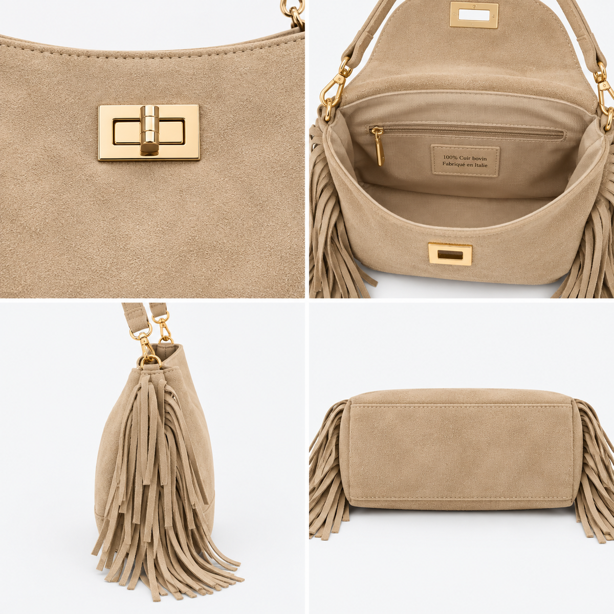 Sac Hobo Cuir Franges Taupe détail - ModeAccess