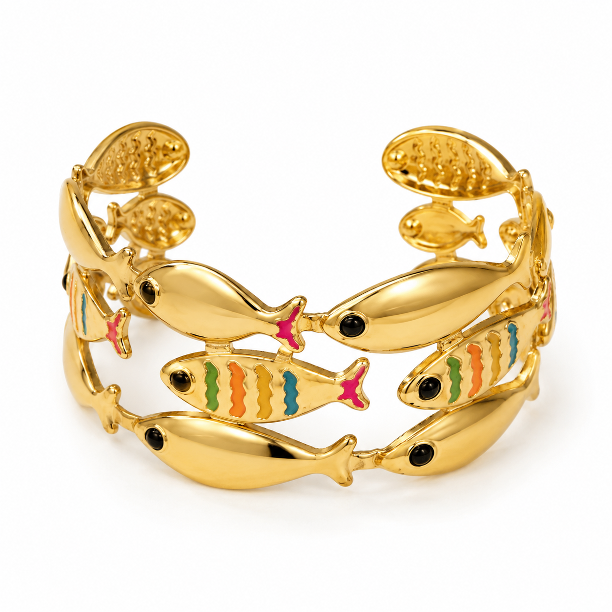 Bracelet Manchette Poissons Émail Multicolore Doré - ModeAccess