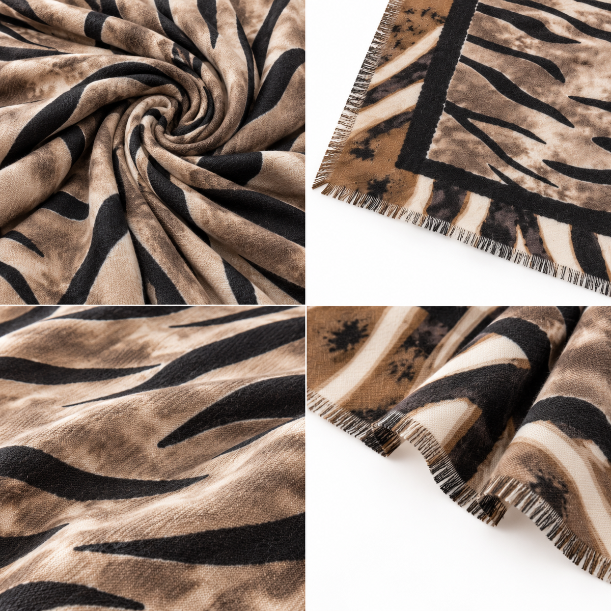 Foulard Carré Imprimé Zèbre Tigré Frangé Marron Noir Porté - ModeAccess