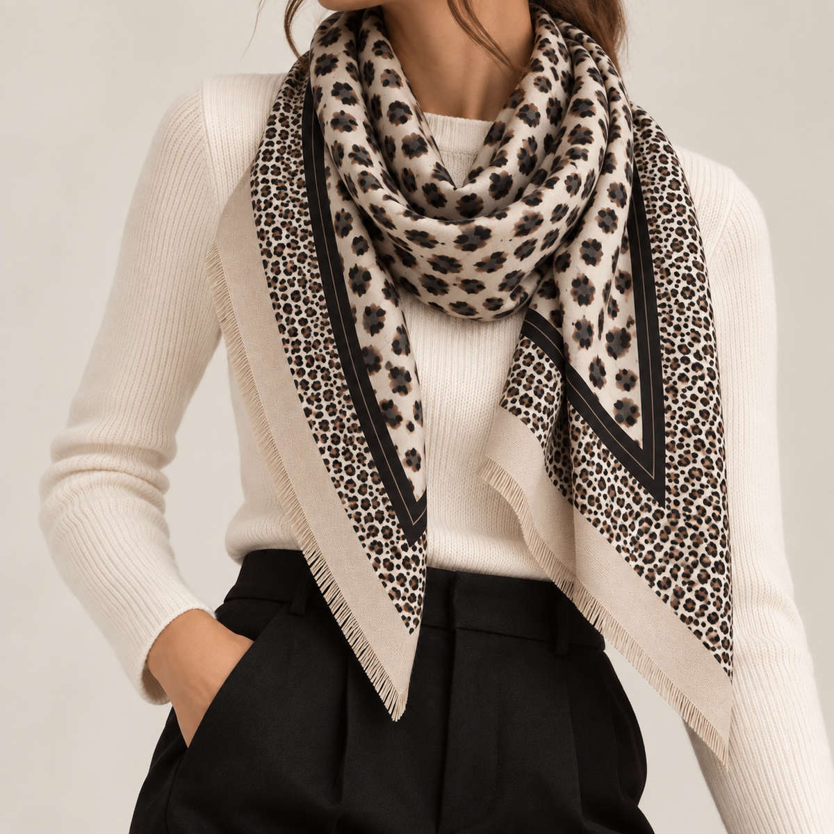 Foulard Carré Imprimé Léopard Frangé Écru Noir Vue - ModeAccess