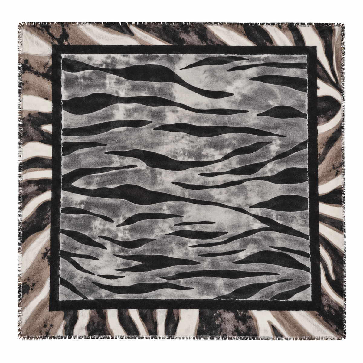 Foulard Carré Imprimé Zèbre Tigré Frangé Gris Noir Porté - ModeAccess