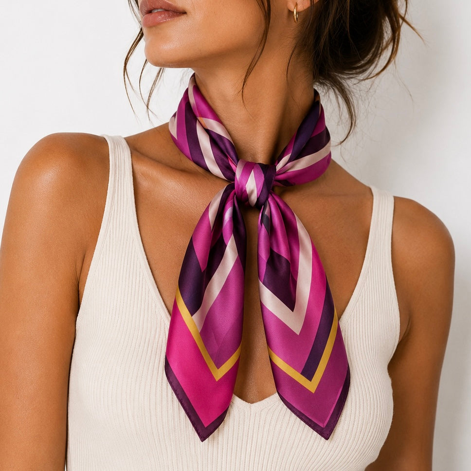 Foulard Carré Satin Rayures Fuchsia Violet Porté - ModeAccess