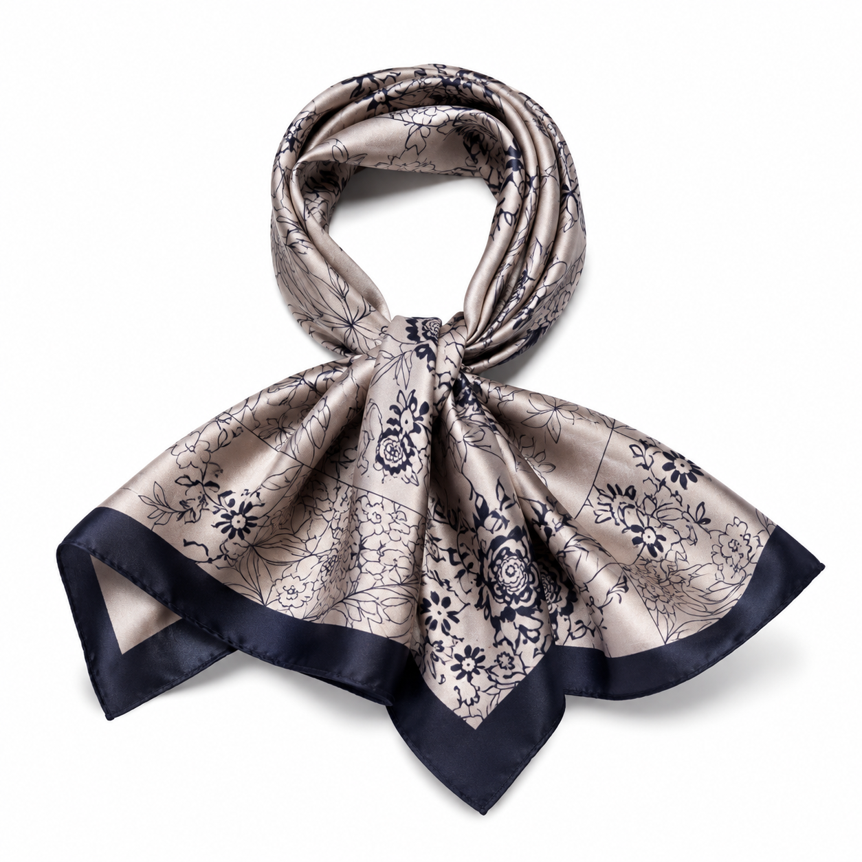 Foulard Carré Satin Floral Beige Bordure Marine - ModeAccess