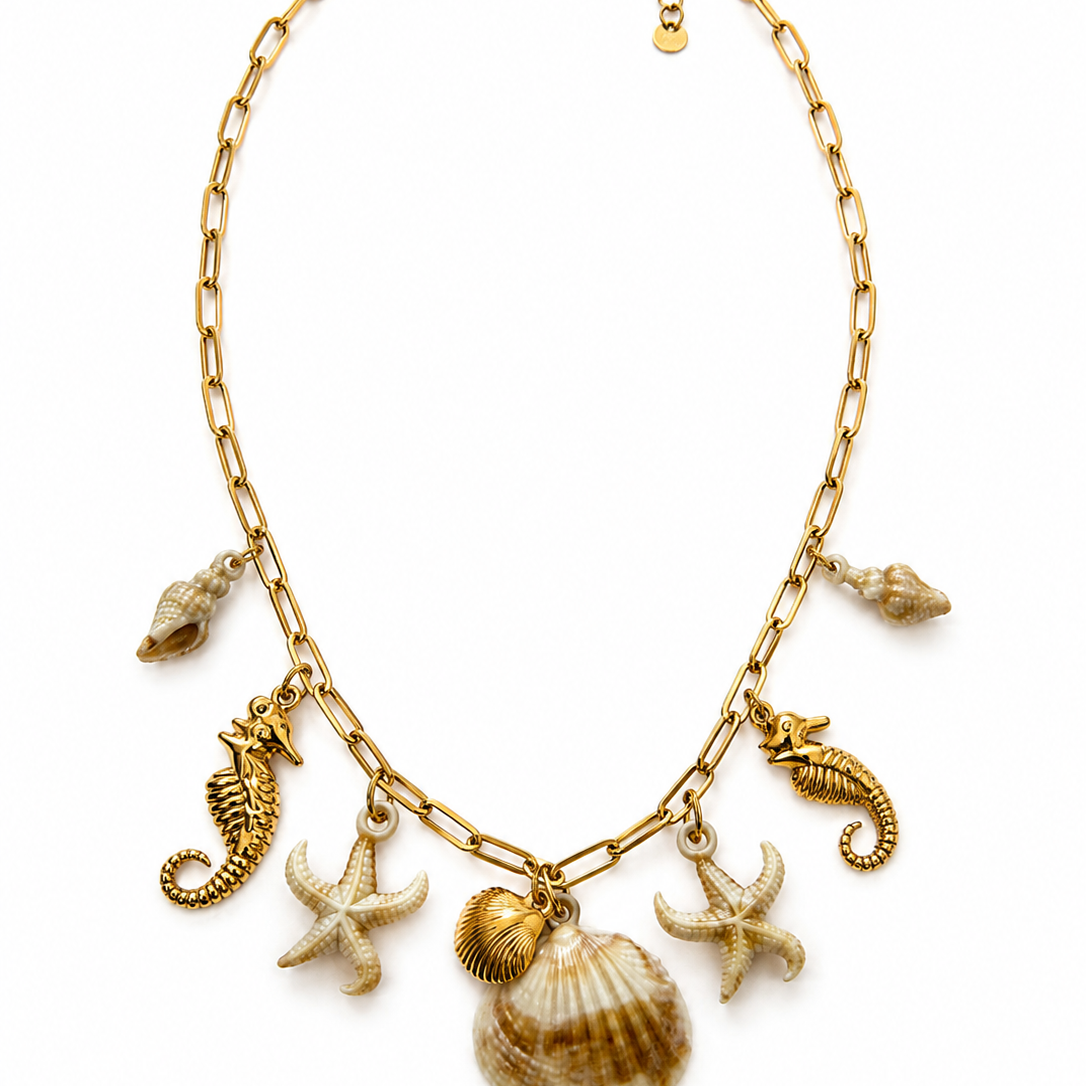 Collier Chaîne Dorée Breloques Marines Coquillages Étoile de Mer Hippocampe - ModeAccess
