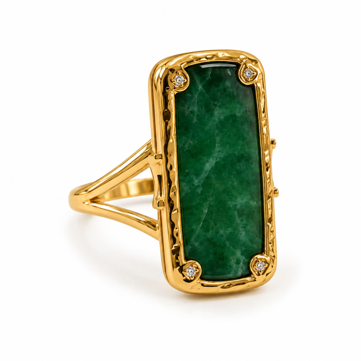Bague Pierre Verte Cadre Doré Martelé - ModeAccess