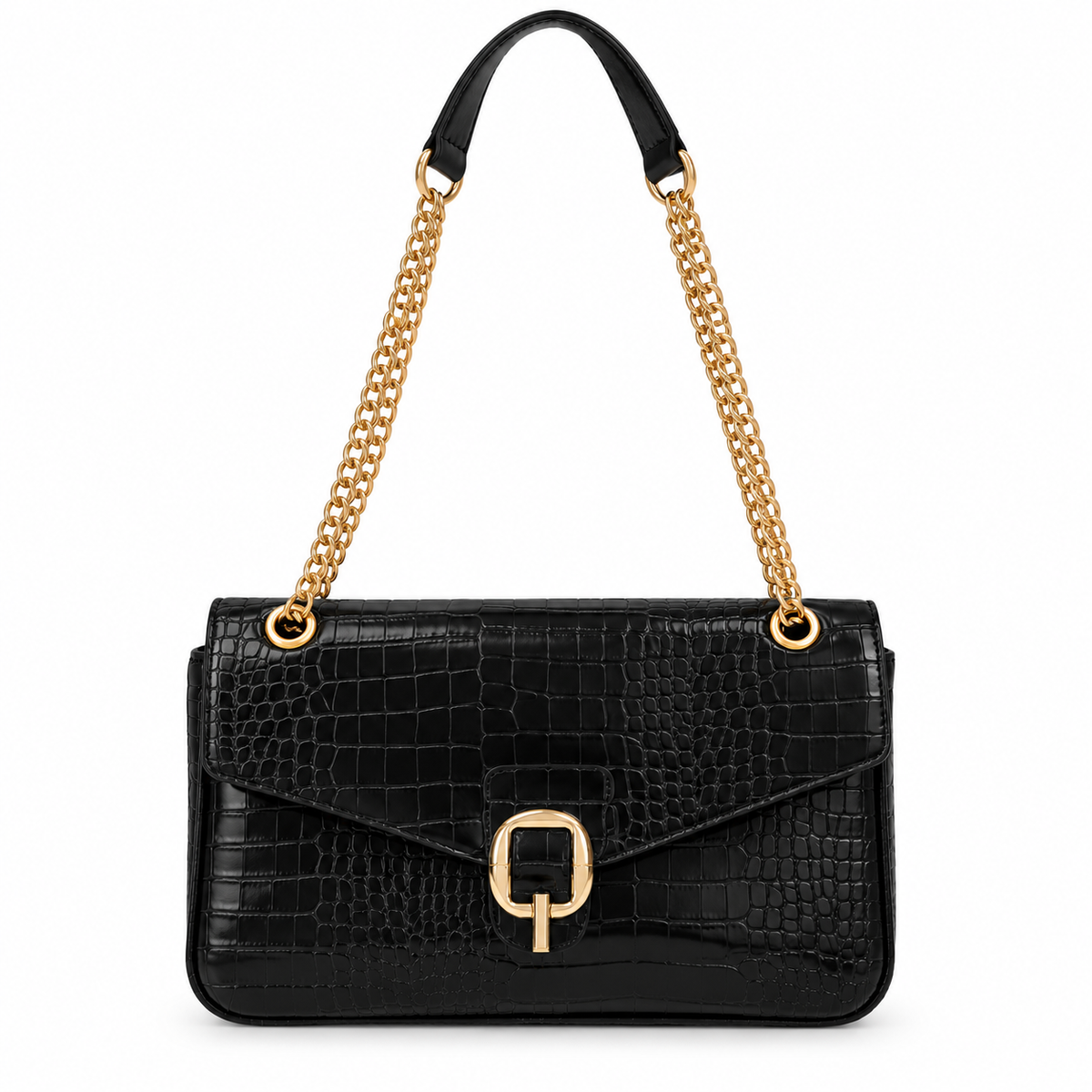 Sac Bandoulière Croco Boucle Dorée Noir - ModeAccess