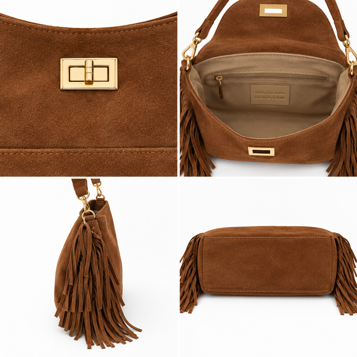 Sac Hobo Cuir Franges Camel - ModeAccess