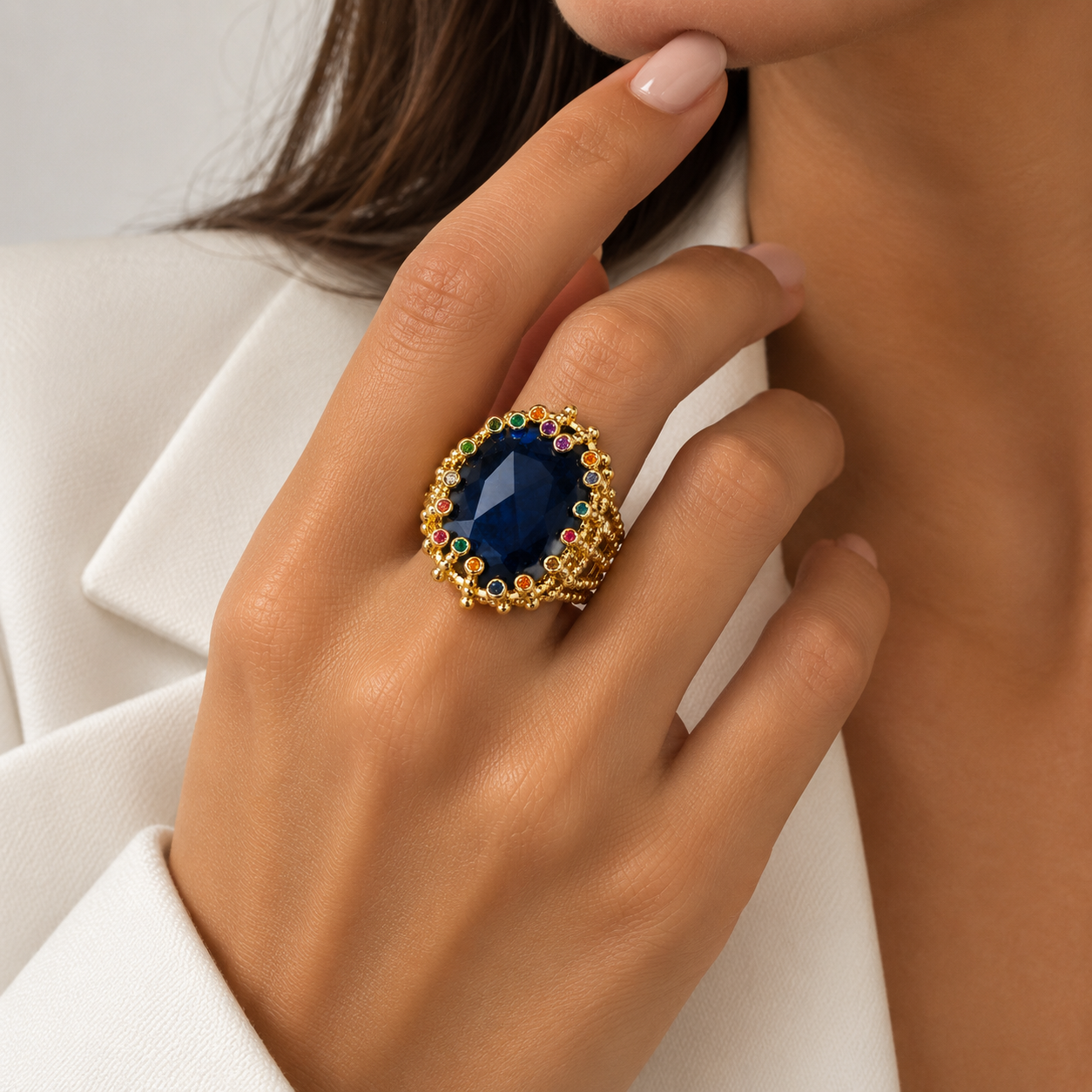Bague Royale Saphir Bleu Zircons Multicolores Dorée - ModeAccess