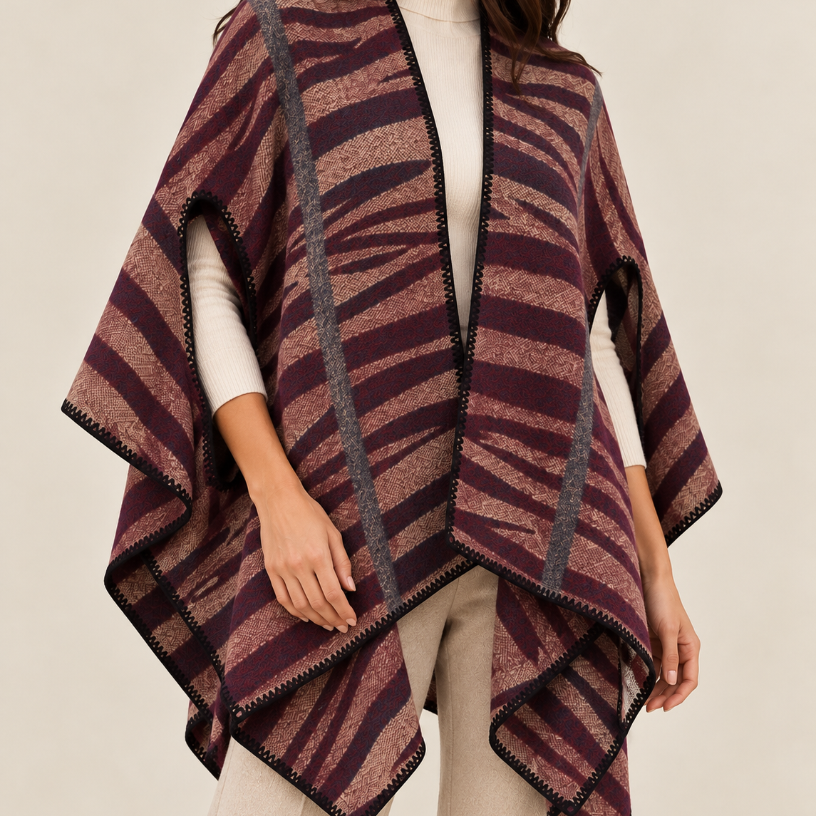 Poncho Réversible Rayures Zébrées Face Prune Verso - ModeAccess