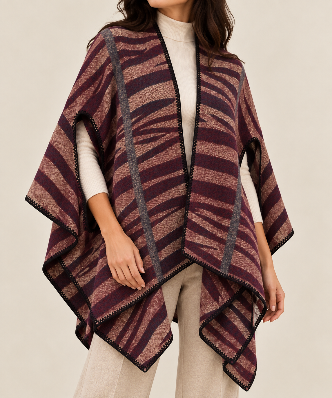 Poncho Réversible Rayures Zébrées Face Prune Verso - ModeAccess