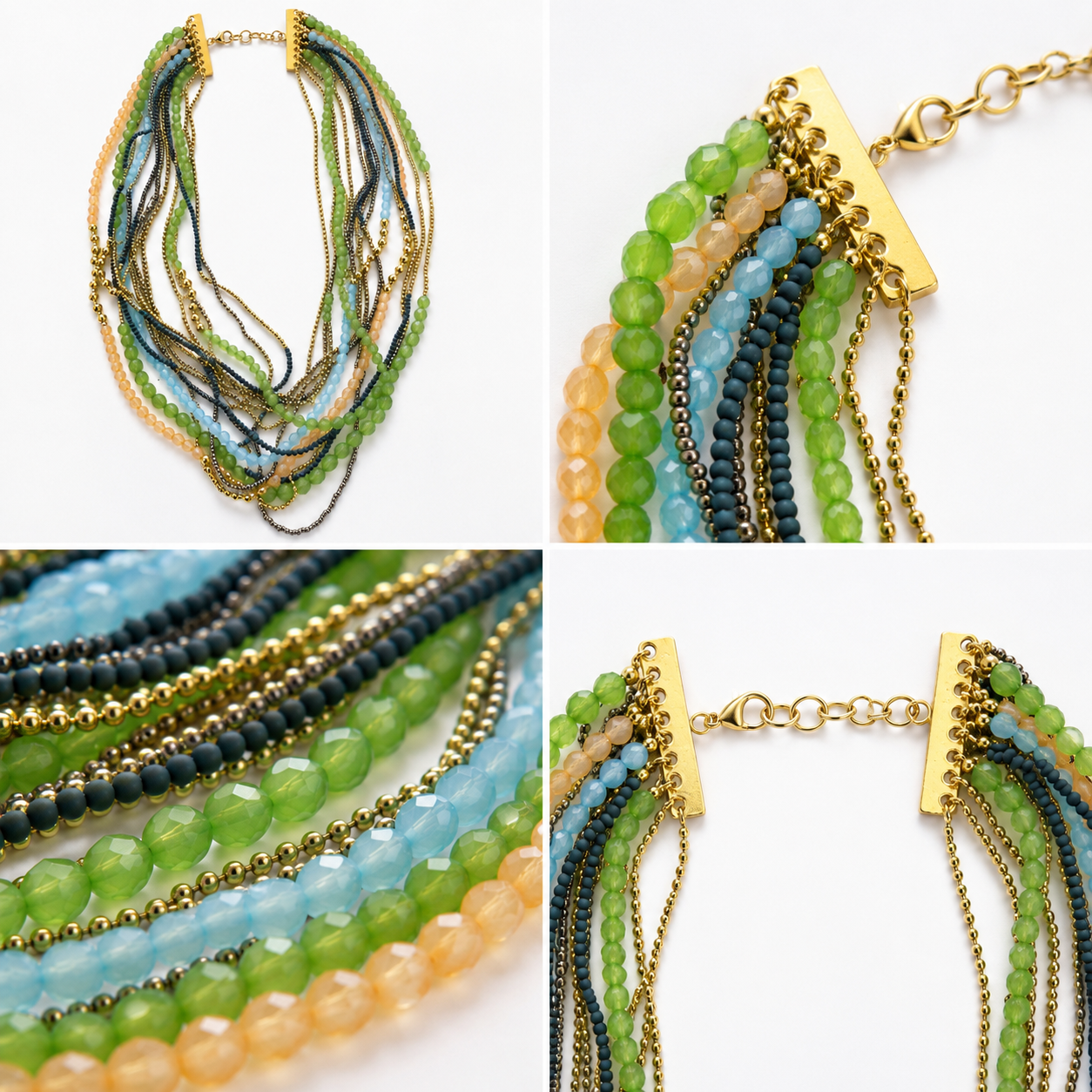 Collier Plastron Multi-Rangs Perles Facettées Vertes Bleues Doré - ModeAccess