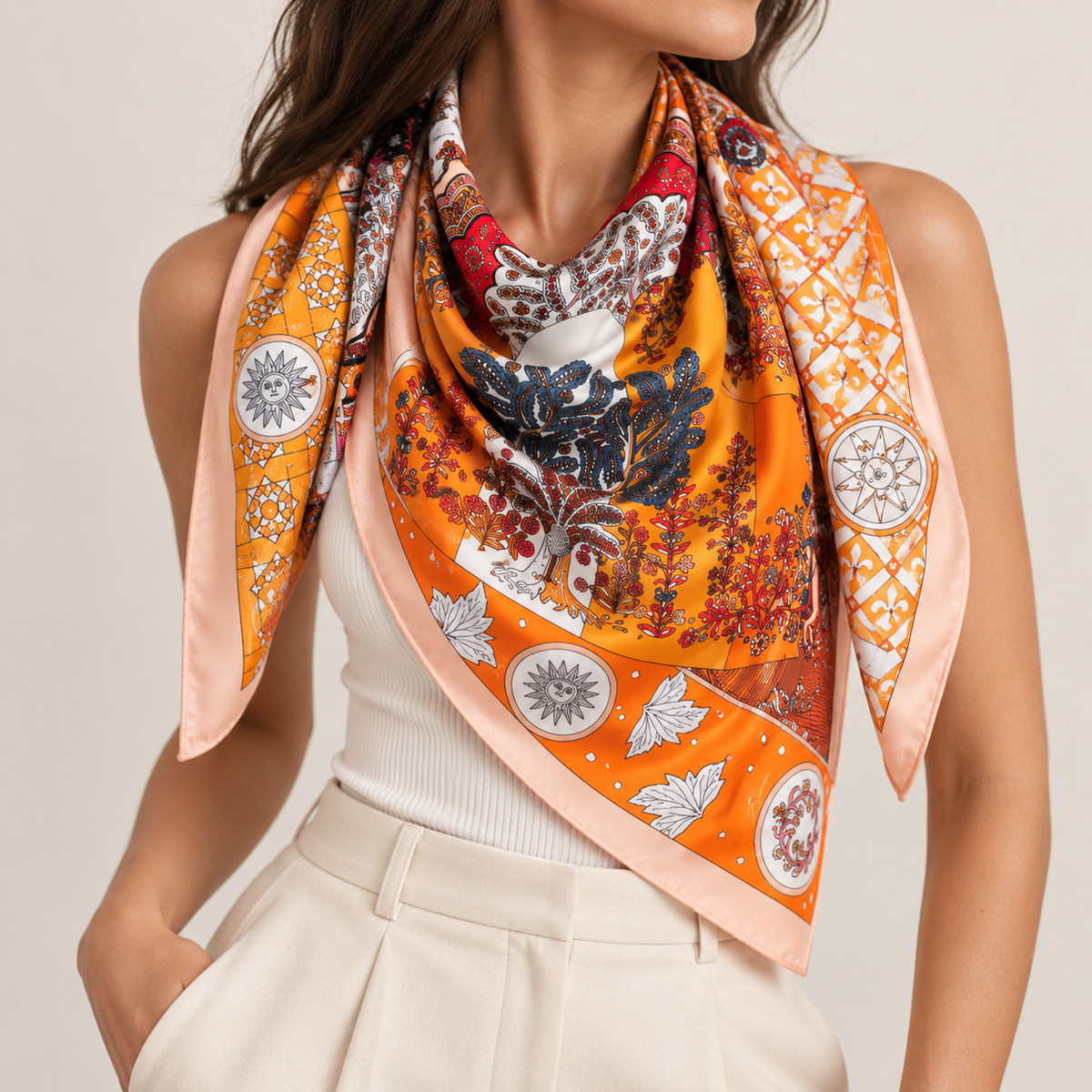 Foulard Carré Bohème Orange Rose - ModeAccess