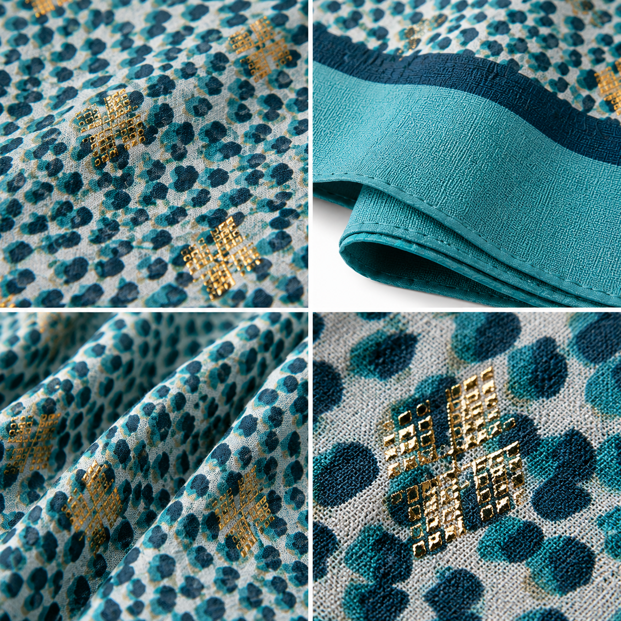 Foulard Léger Imprimé Léopard Teal Étoiles Dorées Bordure Marine - ModeAccess