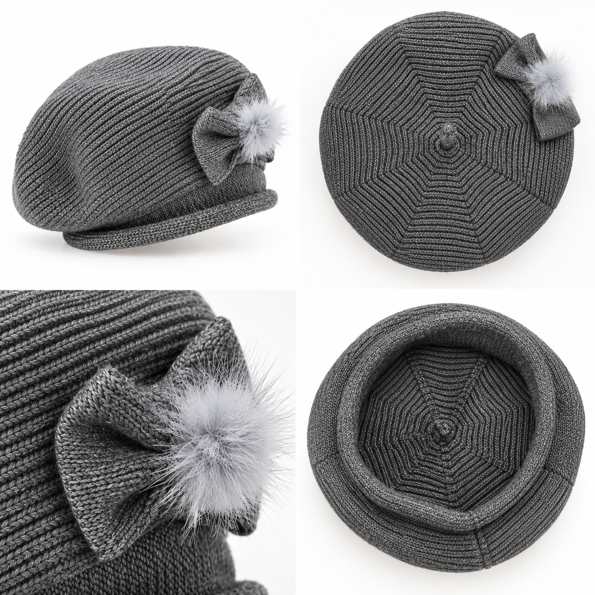 Béret Tricoté Nœud Pompon Gris - ModeAccess