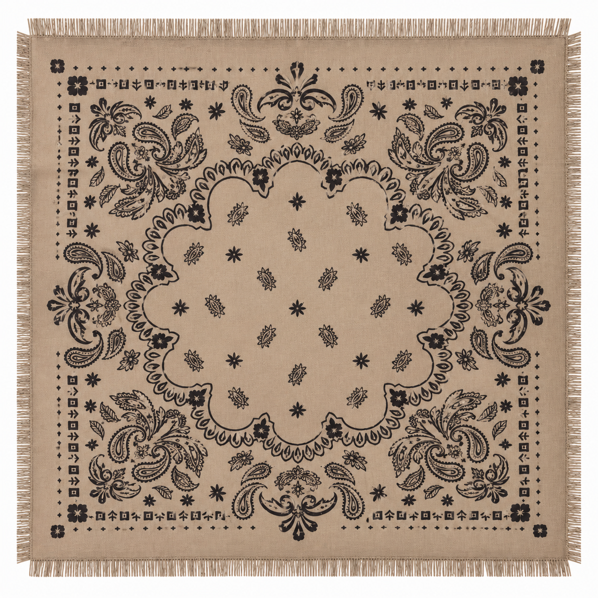 Foulard Carré Imprimé Bandana Paisley Frangé Marron Écru - ModeAccess