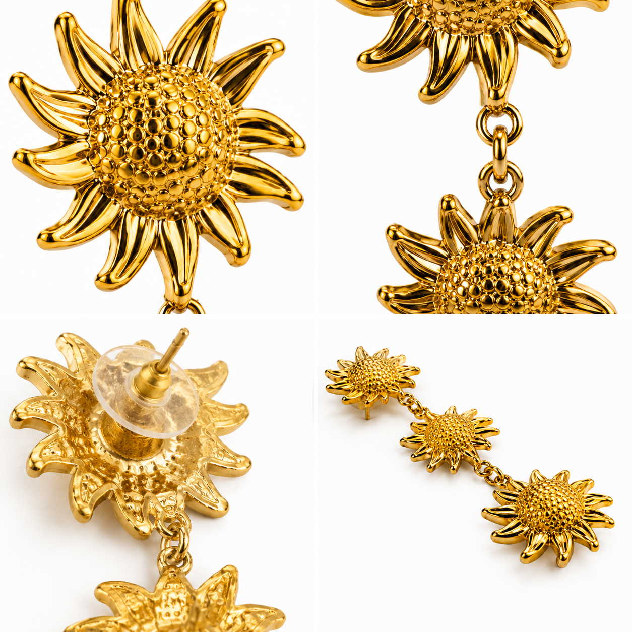 Boucles d'Oreilles Pendantes Triple Tournesol Doré en Cascade - ModeAccess