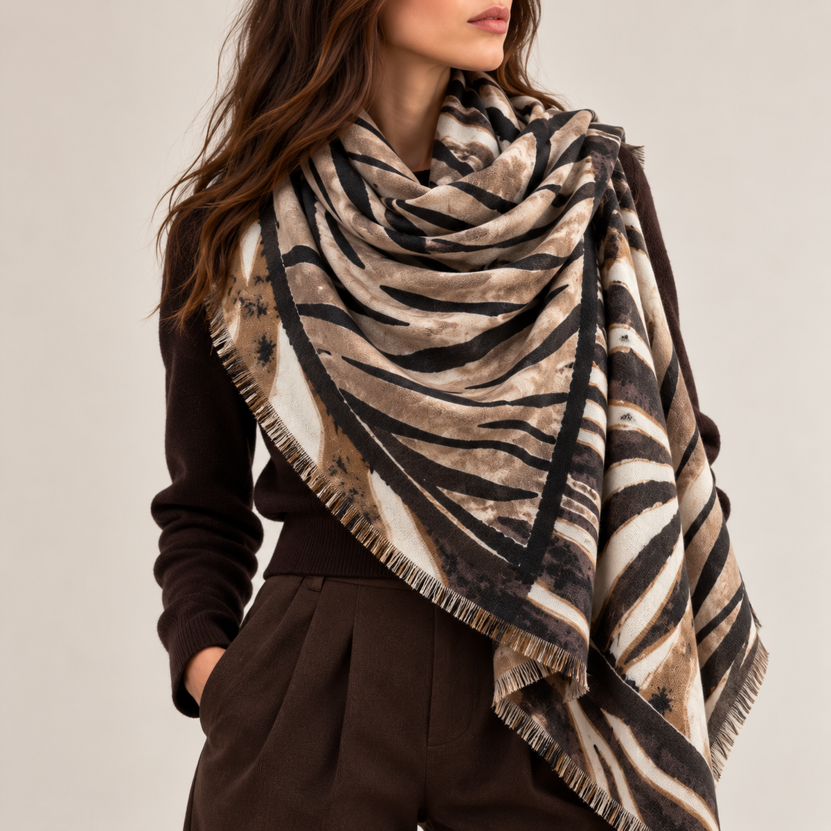Foulard Carré Imprimé Zèbre Tigré Frangé Marron Noir Vue - ModeAccess