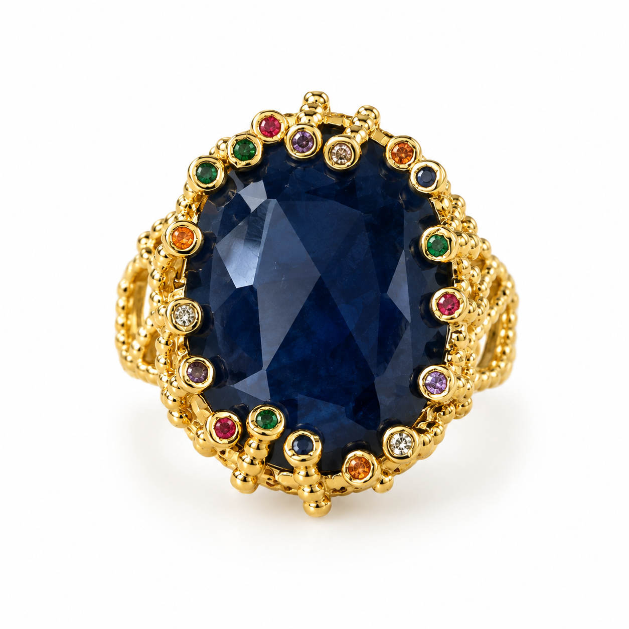 Bague Royale Saphir Bleu Zircons Multicolores Dorée - ModeAccess