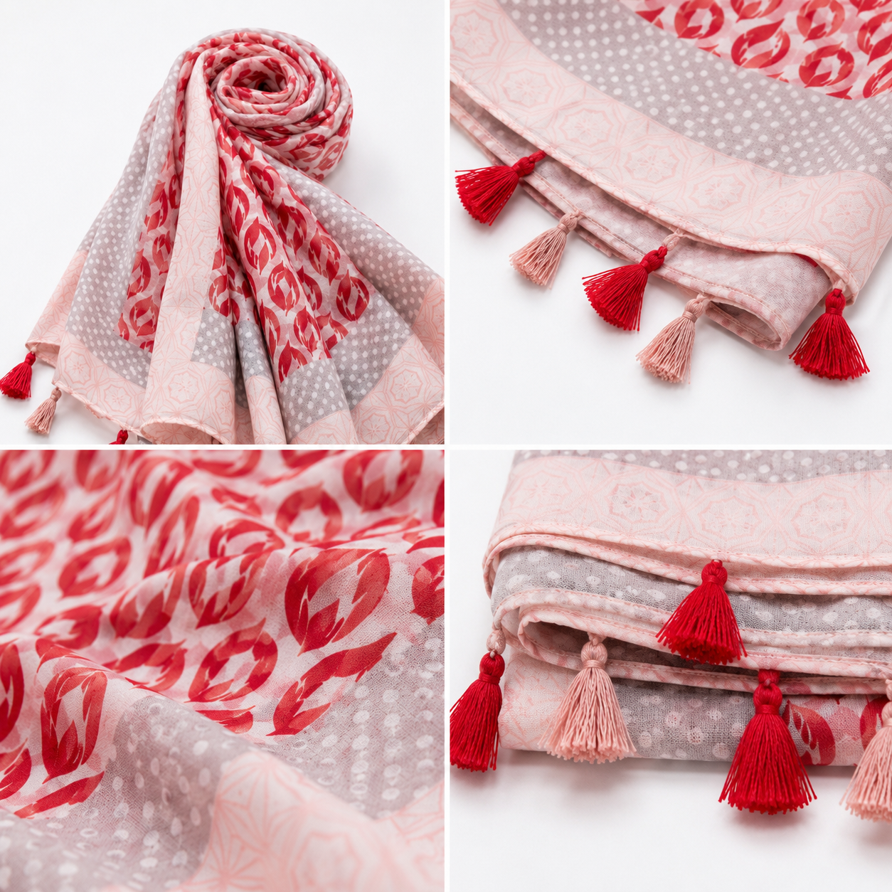 Foulard Imprimé Tulipes Rouges Pompons Bicolores Rose Poudré - ModeAccess