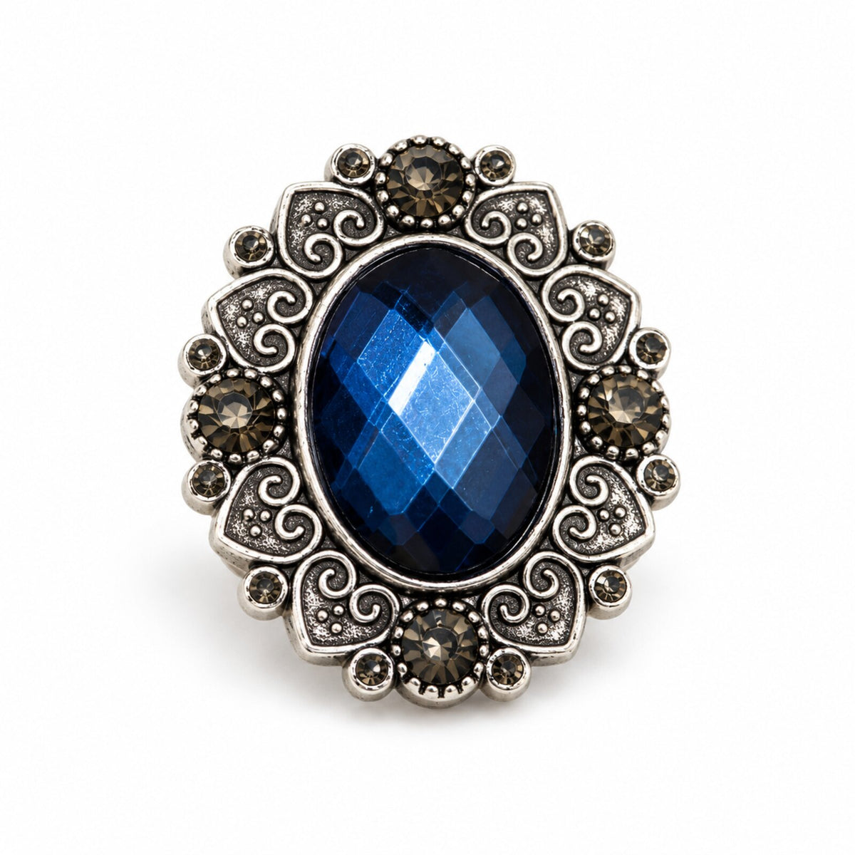 Cache-Bouton Ovale Bleu Saphir Argent Vieilli