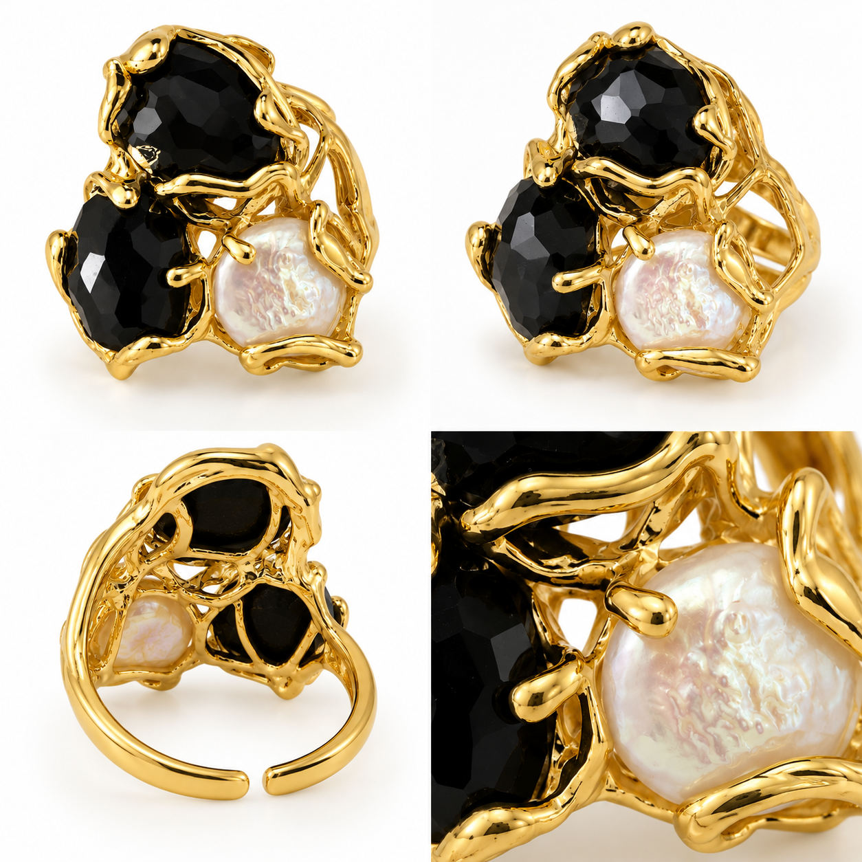 Bague Cluster Onyx Perle Baroque Dorée - ModeAccess