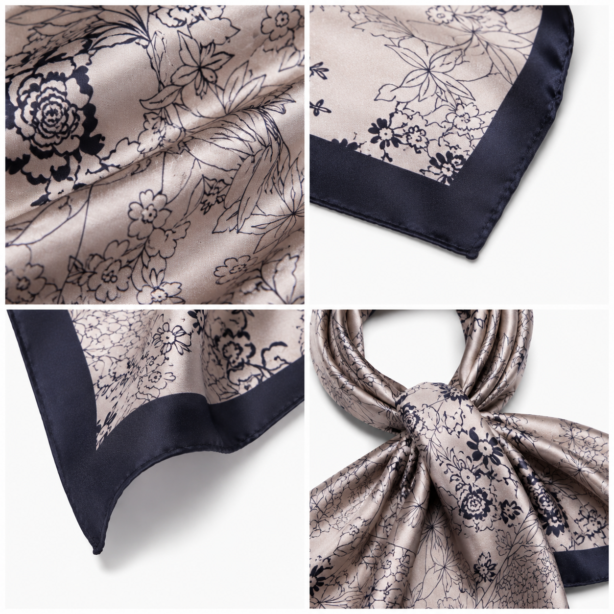 Foulard Carré Satin Floral Beige Bordure Marine Détail - ModeAccess