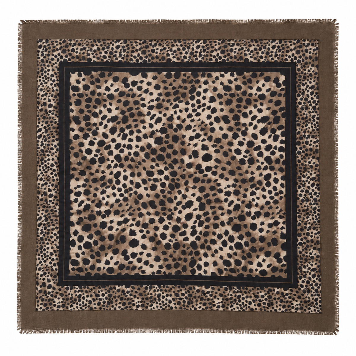 Foulard Carré Imprimé Léopard Frangé Camel Noir Détail - ModeAccess