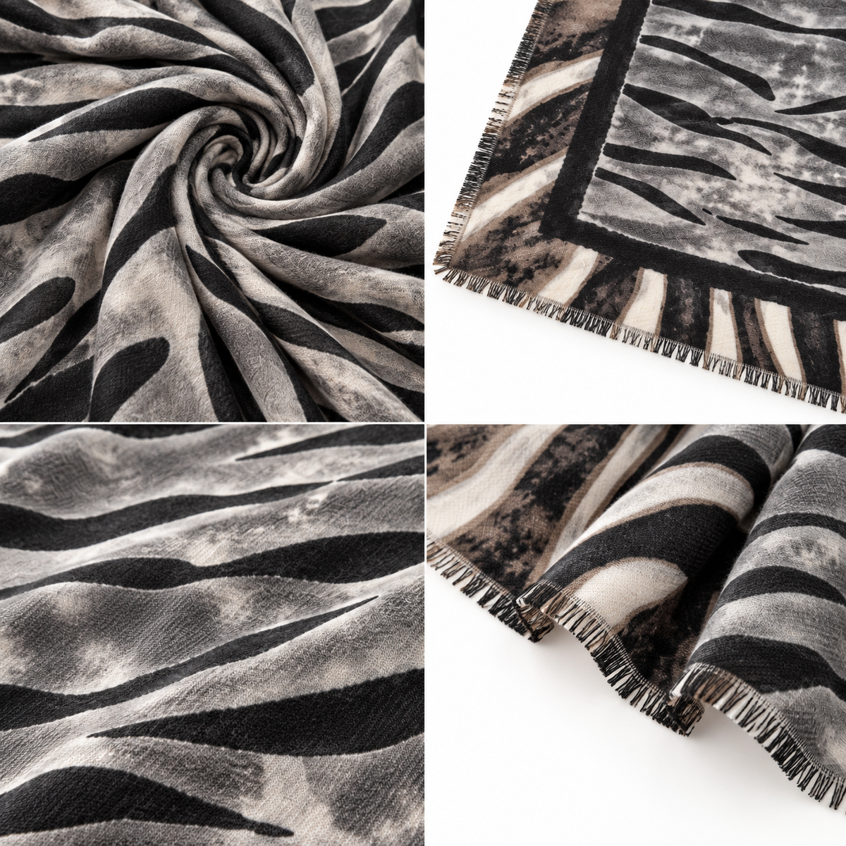 Foulard Carré Imprimé Zèbre Tigré Frangé Gris Noir Vue - ModeAccess
