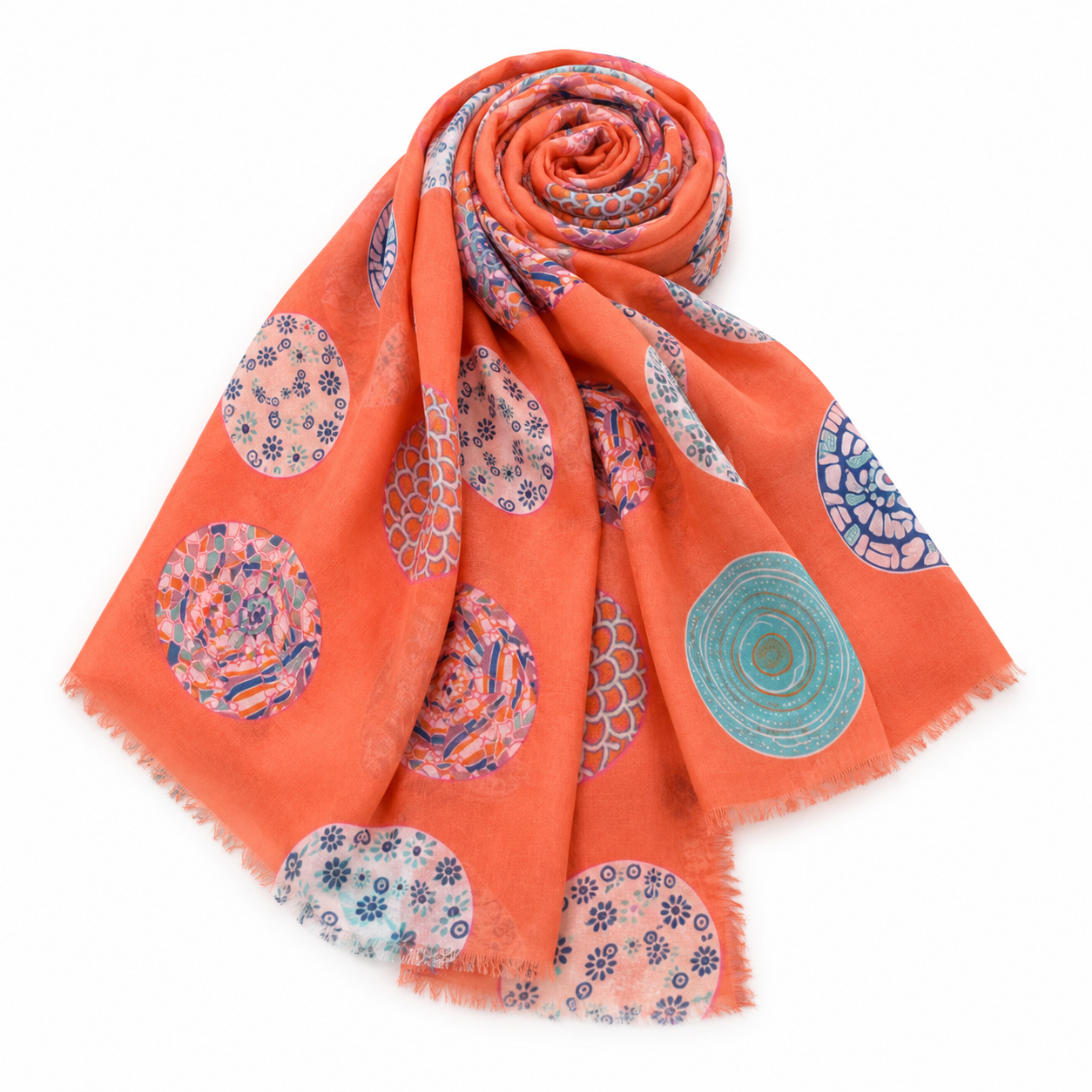 Foulard Imprimé Médaillons Mosaïque Mandala Fond Corail Franges - ModeAccess