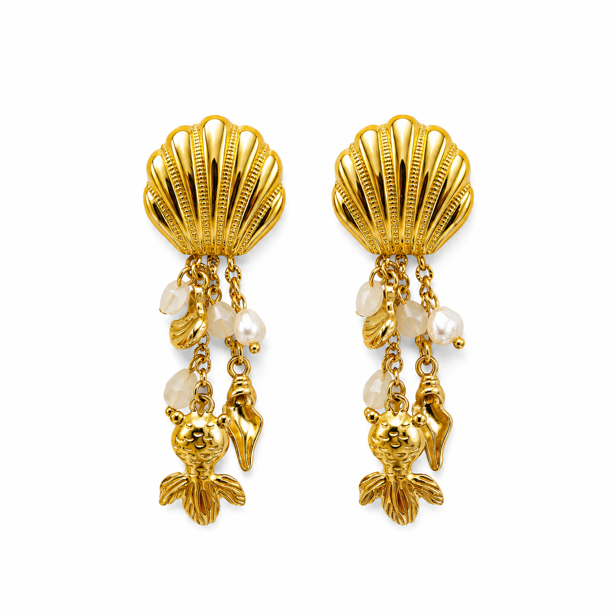 Boucles d'Oreilles Coquillage Doré Charms Marins Perles - ModeAccess