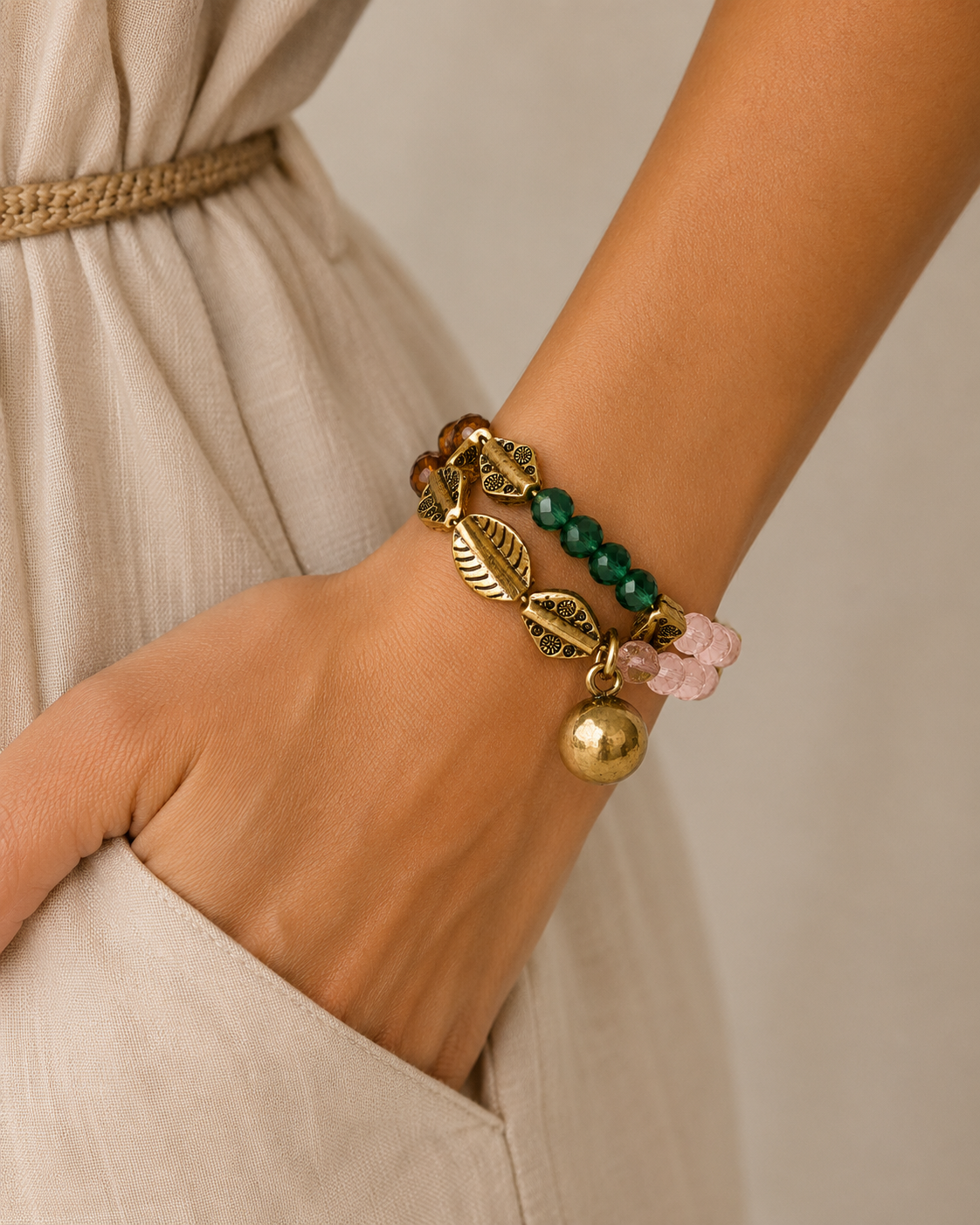 Bracelet Élastique Perles Cristal & Breloques Dorées - ModeAccess