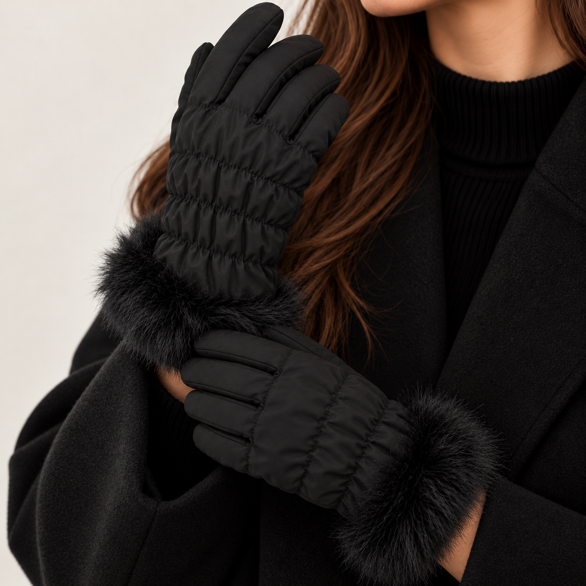 Gants Matelassés Fausse Fourrure Noirs Détail - ModeAccess