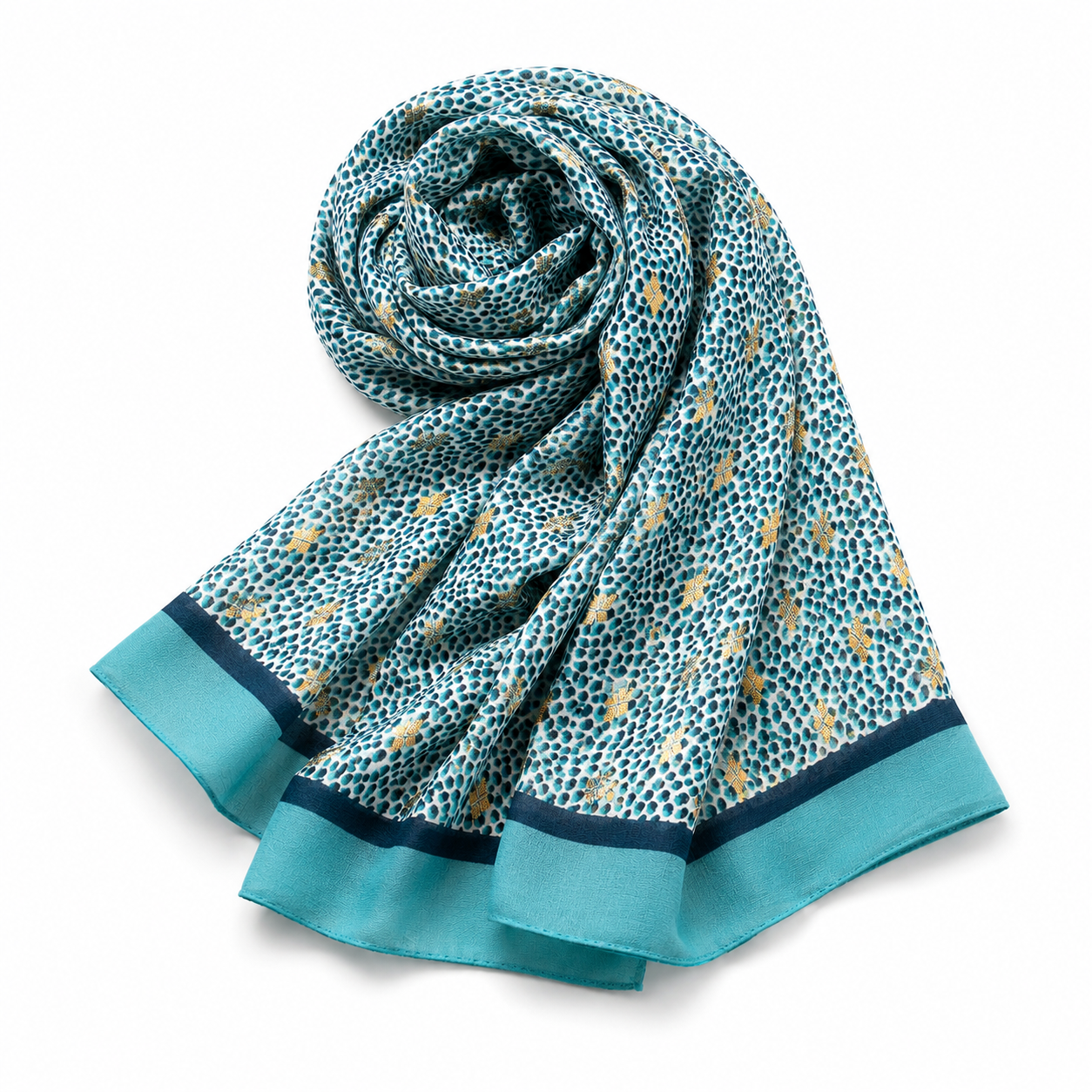 Foulard Léger Imprimé Léopard Teal Étoiles Dorées Bordure Marine - ModeAccess