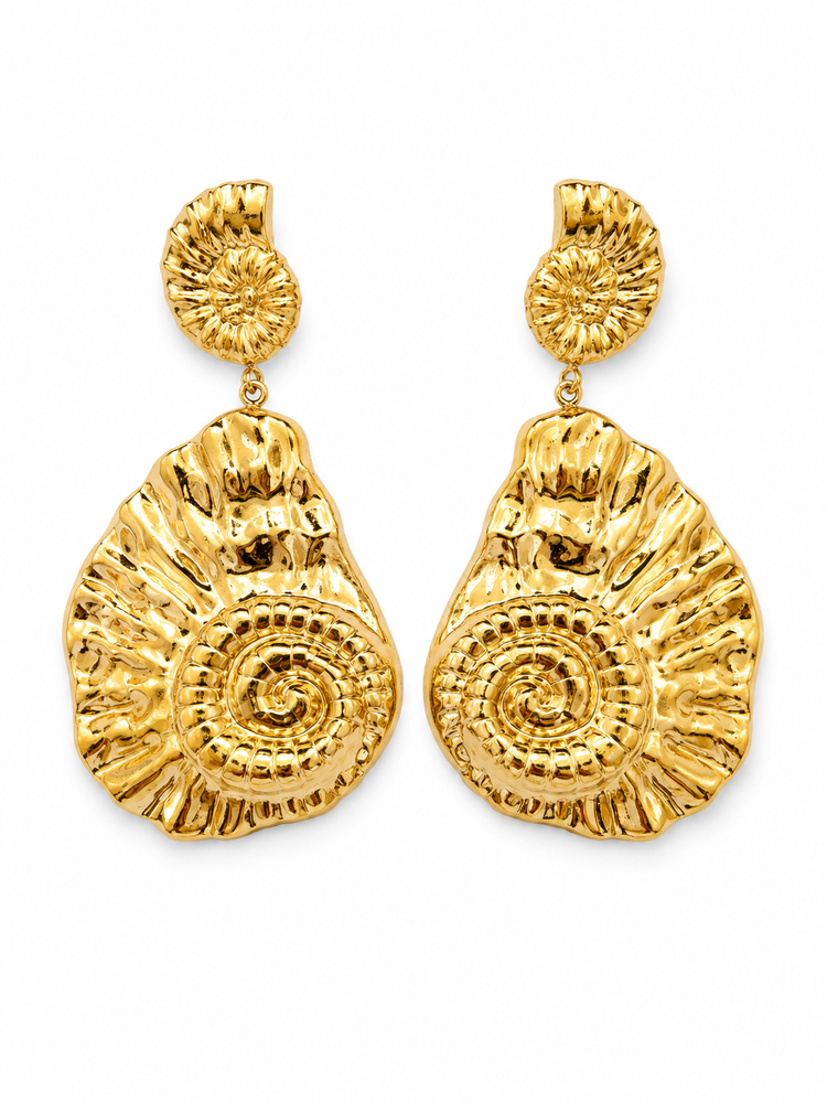 Boucles d'Oreilles Ammonite Coquillage Doré Pendantes - ModeAccess