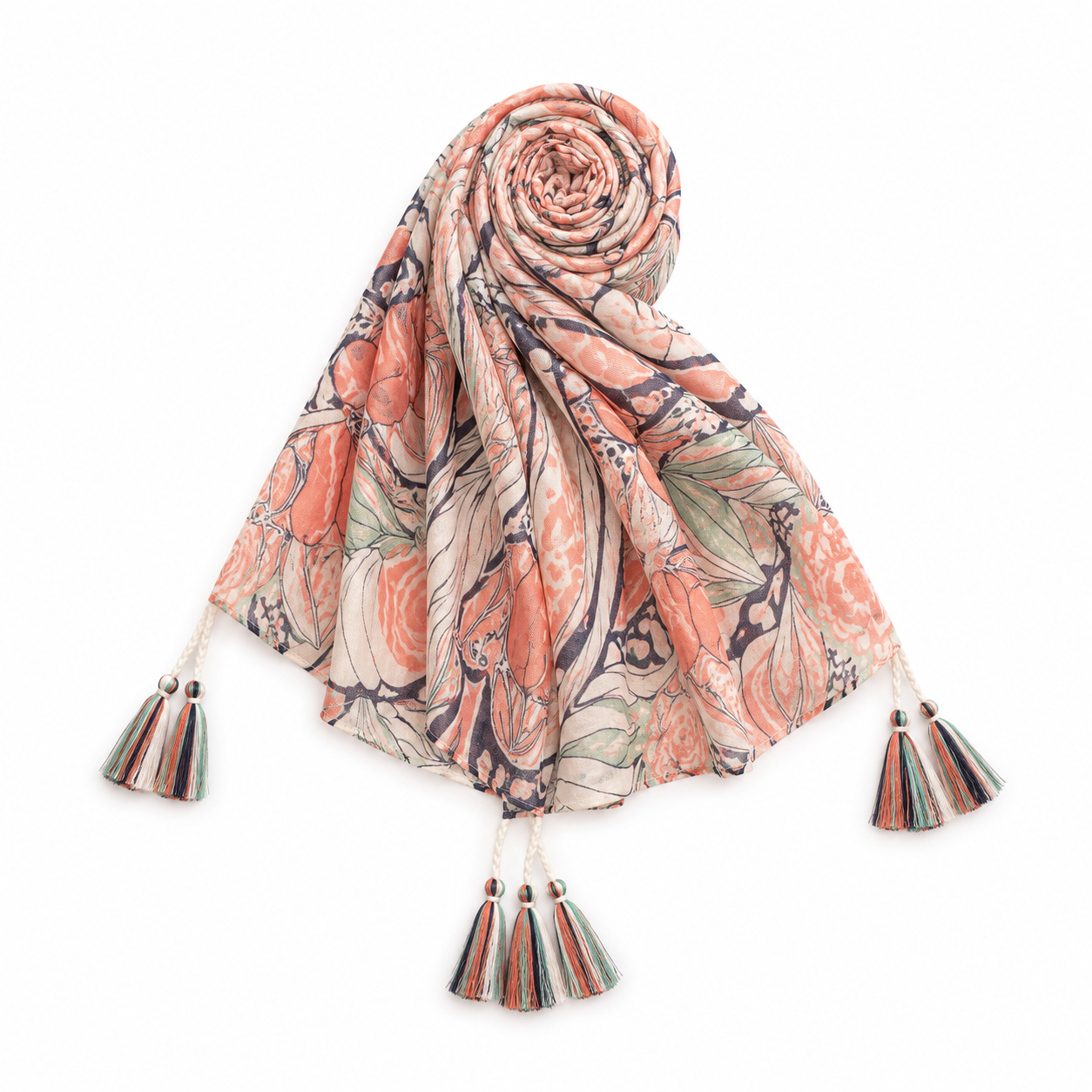 Foulard Imprimé Floral Corail Pompons Multicolores - ModeAccess