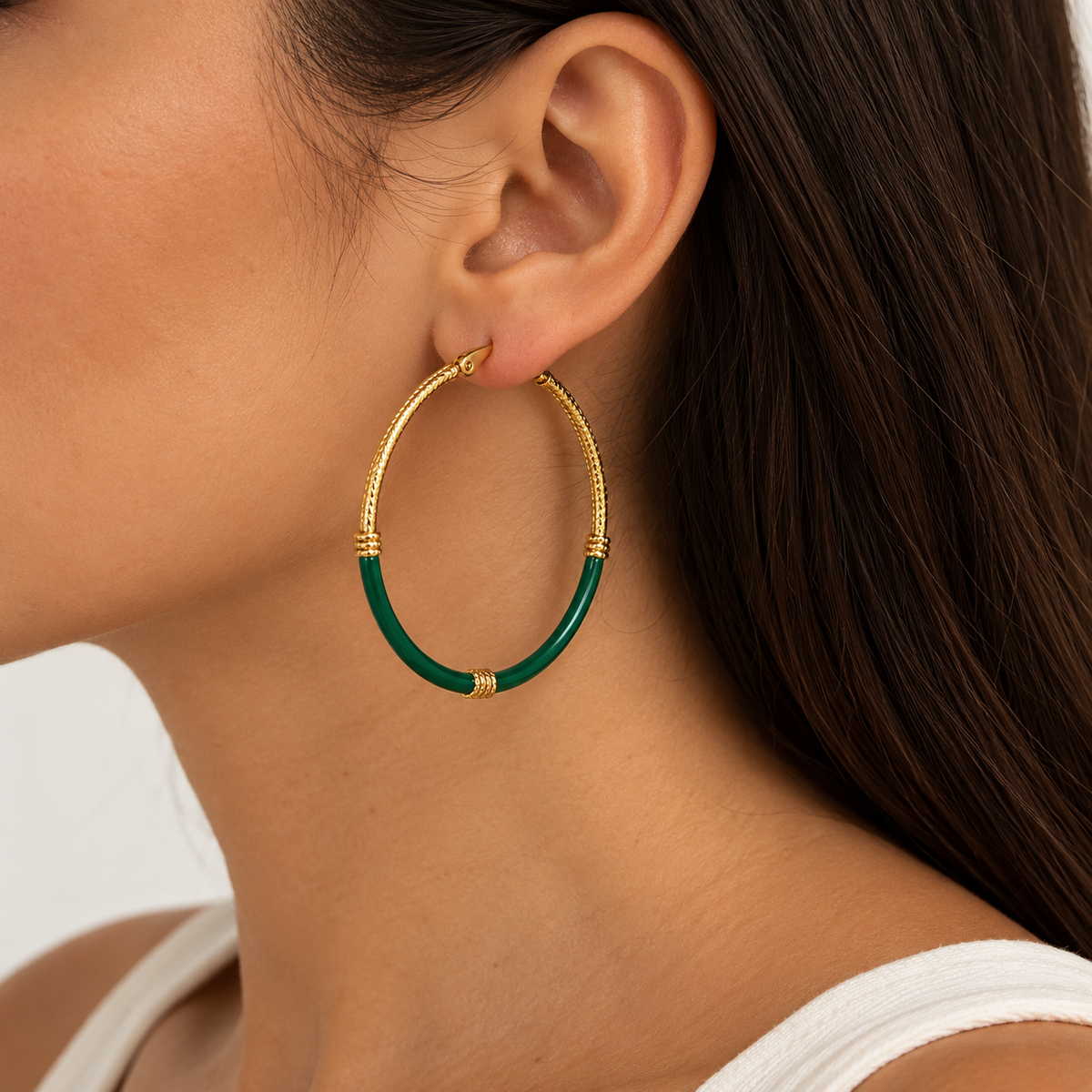 Boucles d'Oreilles Créoles Émail Vert Doré - ModeAccess