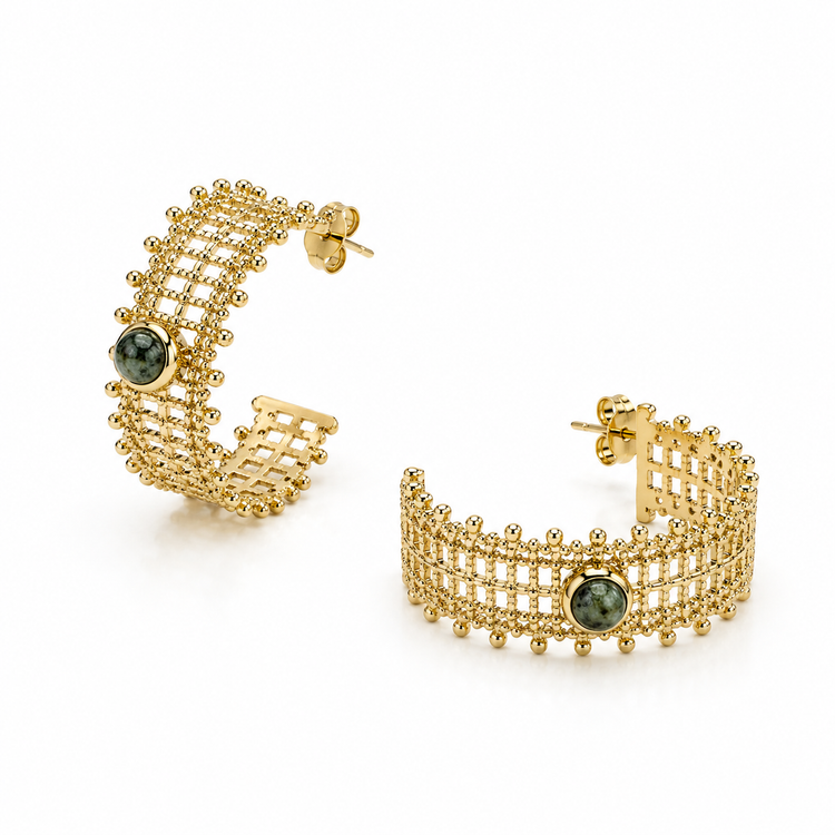 Boucles d'Oreilles Créoles Grille Cabochon Pierre Verte