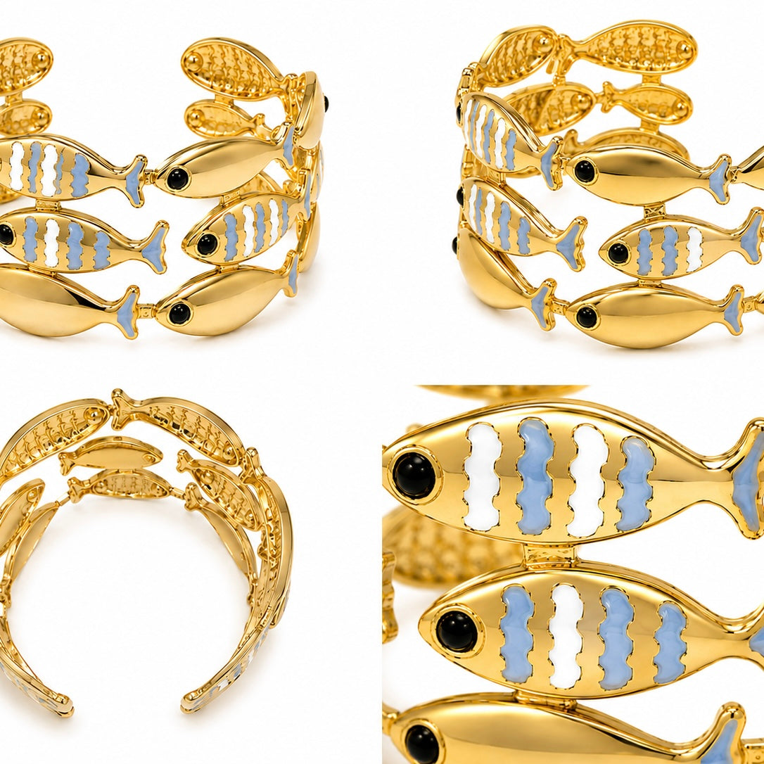Bracelet Manchette Poissons Émail Bleu Lavande Détail - ModeAccess